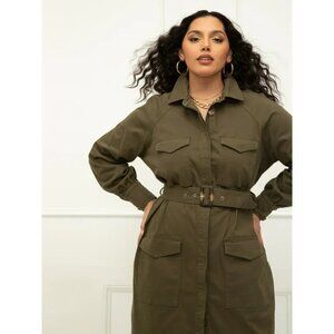 Plus Size Eloquii Green Utility Dress with Collared Neckline